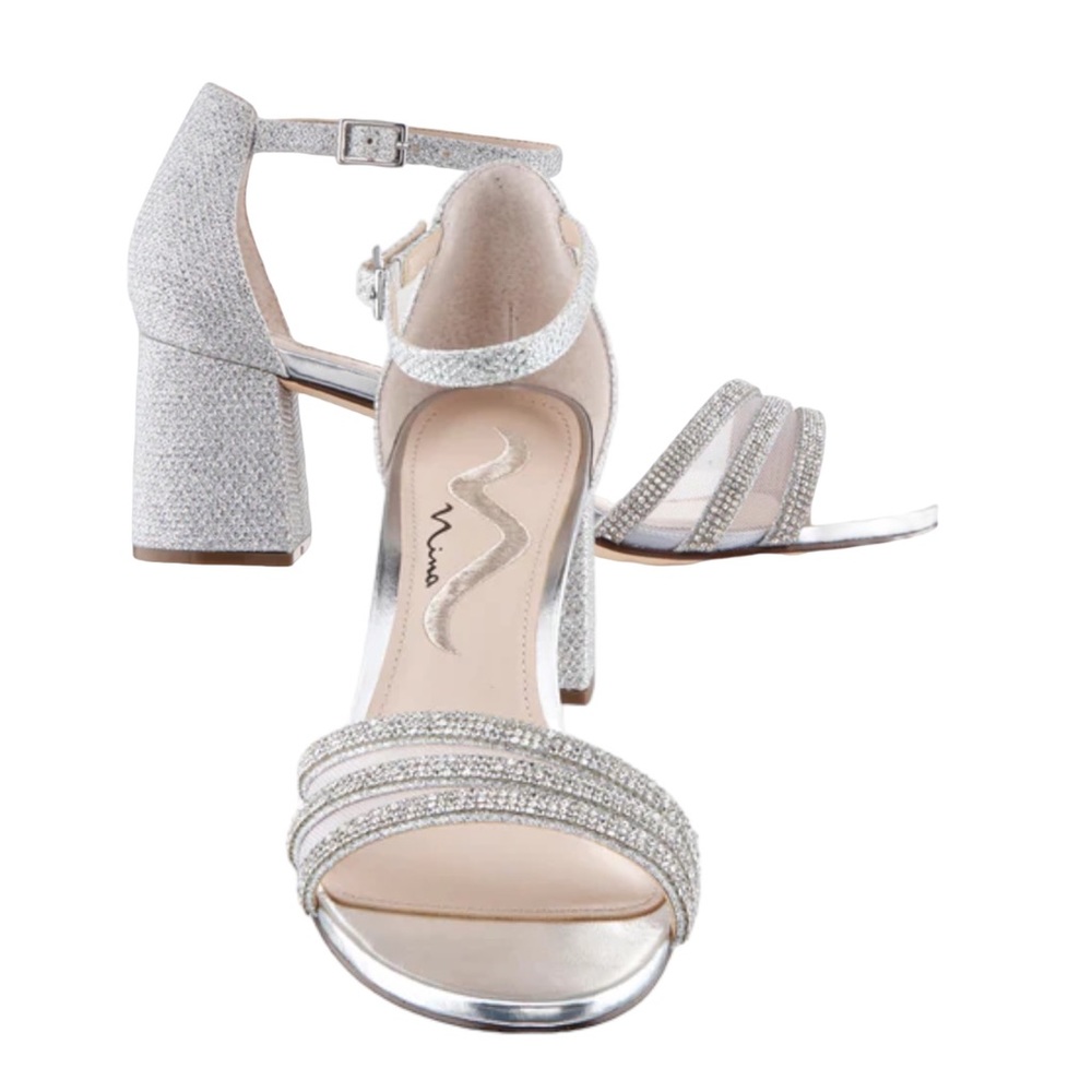 Nina Sparkly Silver Strappy Heels!  Worn one time for graduation!
